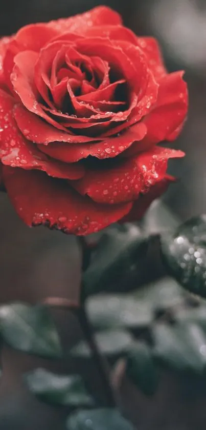 Beautiful red rose with morning dewdrops on petals.