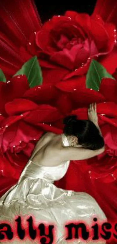 Elegant dancer surrounded by vibrant red roses.