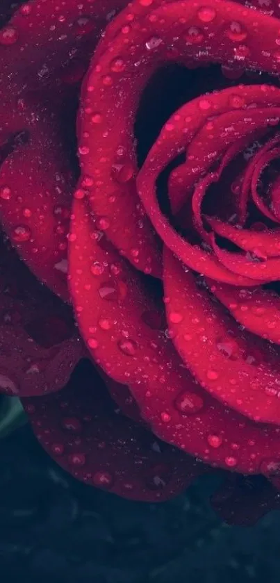 Close-up of a red rose with dewdrops on petals, elegant and vivid.