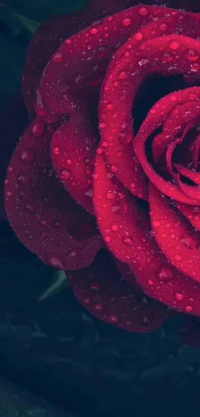 Close-up of a vibrant red rose with water droplets.