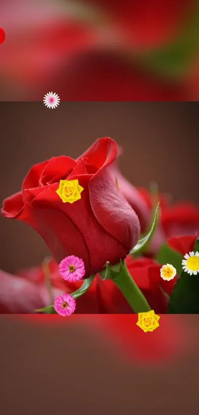 Beautiful red rose with colorful floral accents on mobile wallpaper.