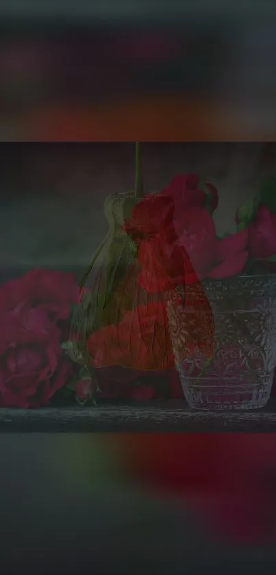 Red roses elegantly displayed in a glass vase on a dark background.