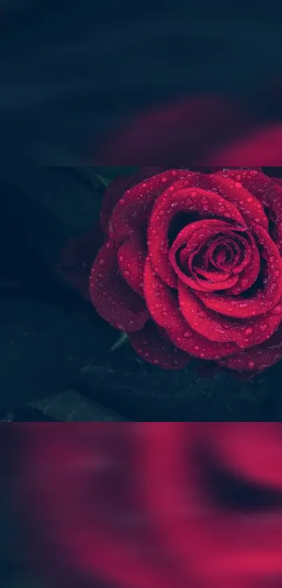 Beautiful dewy red rose on a dark background.