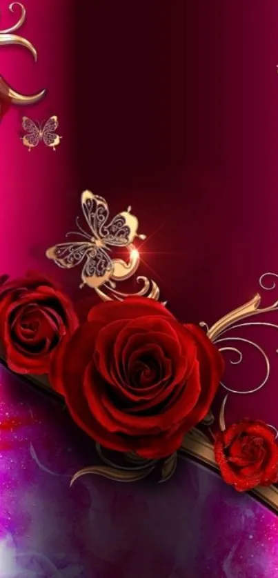 Elegant wallpaper with red roses and golden butterflies on a pink background.