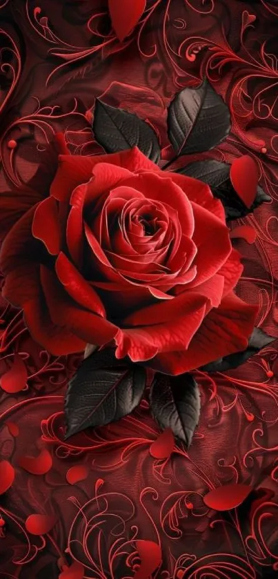 Elegant red rose with intricate swirl design on a dark background.