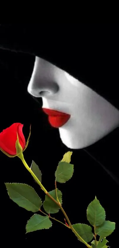 Hooded figure with red lips and rose on black wallpaper.