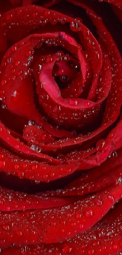 Close-up of a vibrant red rose with dewdrops on petals, enhancing its elegance.