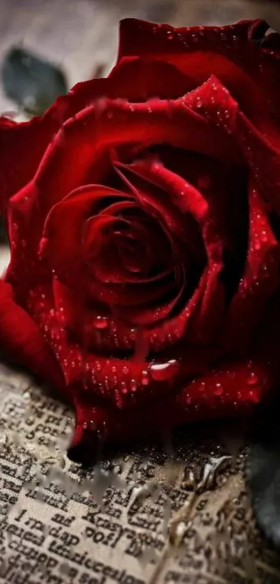 Close-up shot of a vibrant red rose with droplets on petals.