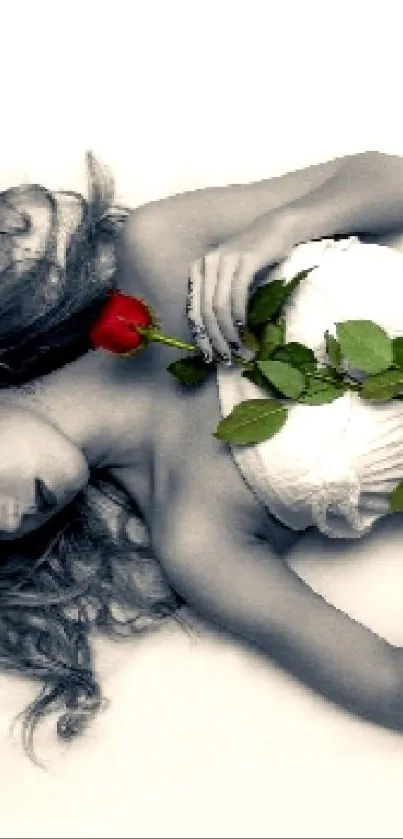 Black and white image with red rose and elegant design.