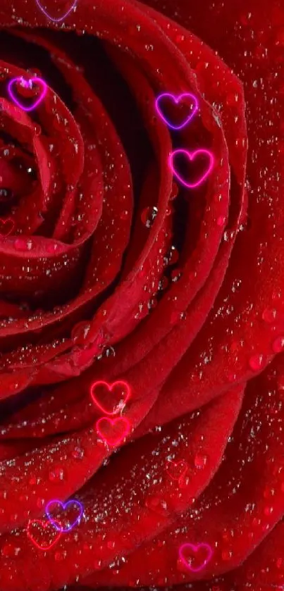 Close-up of a red rose with dewdrops on petals.