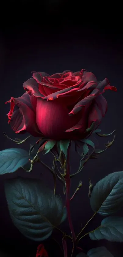 Elegant red rose on a dark background.