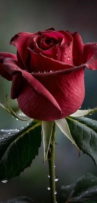 Close-up of a vibrant red rose with water droplets.