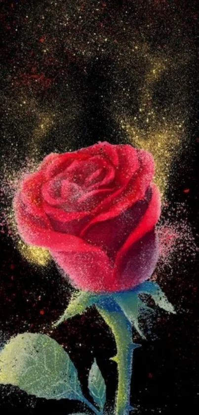 Vibrant red rose with artistic sparks on a dark mobile wallpaper.