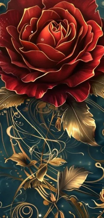 Elegant red rose with gold accents on dark teal background.