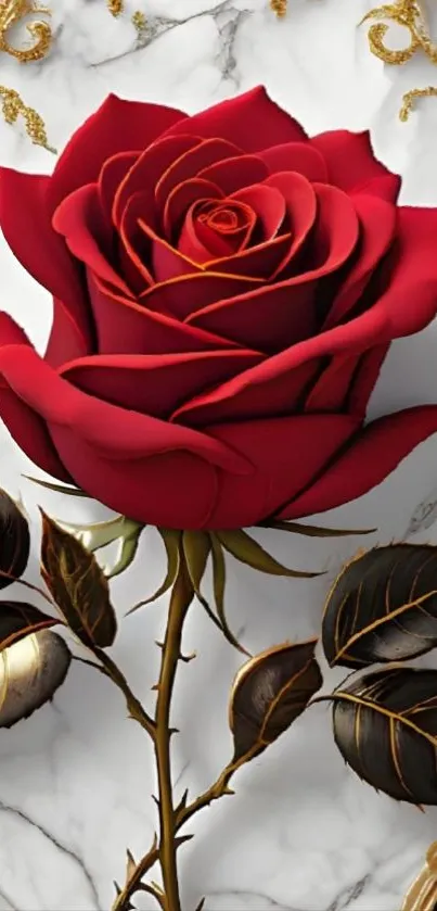 A vibrant red rose on a marble background with elegant details.