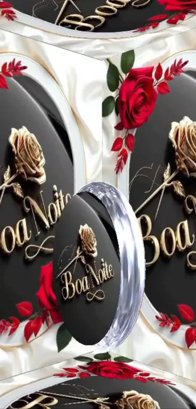 Boa Noite text with elegant red roses in vintage style.