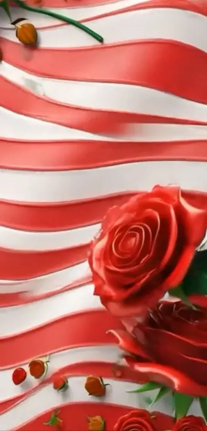Elegant wallpaper with red roses and wavy stripes.
