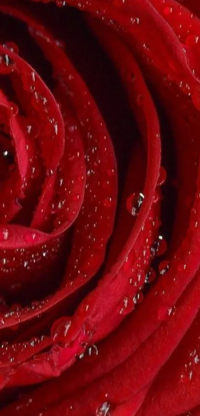 Close-up of a red rose with dewdrops.