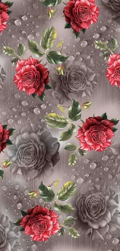 Elegant wallpaper with red roses and grey patterns for mobile phones.