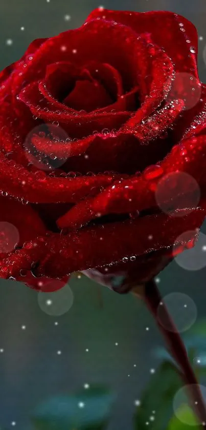 Close-up of a red rose with raindrops on petals.