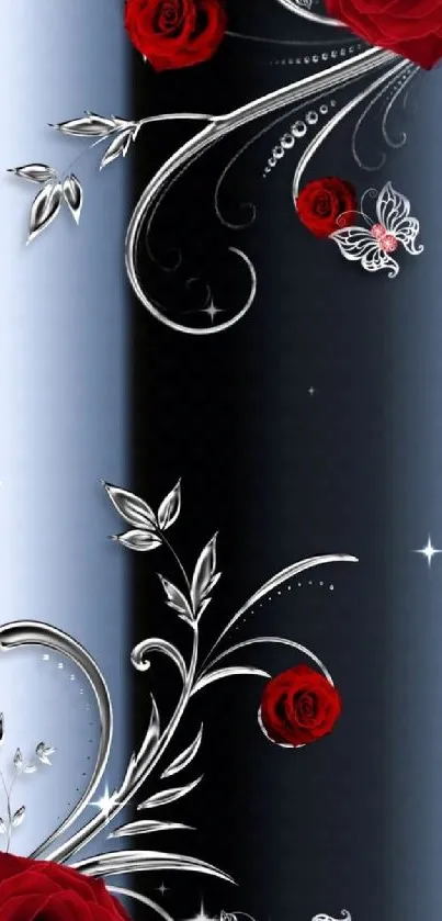 Elegant mobile wallpaper with red roses and silver swirls on a black background.