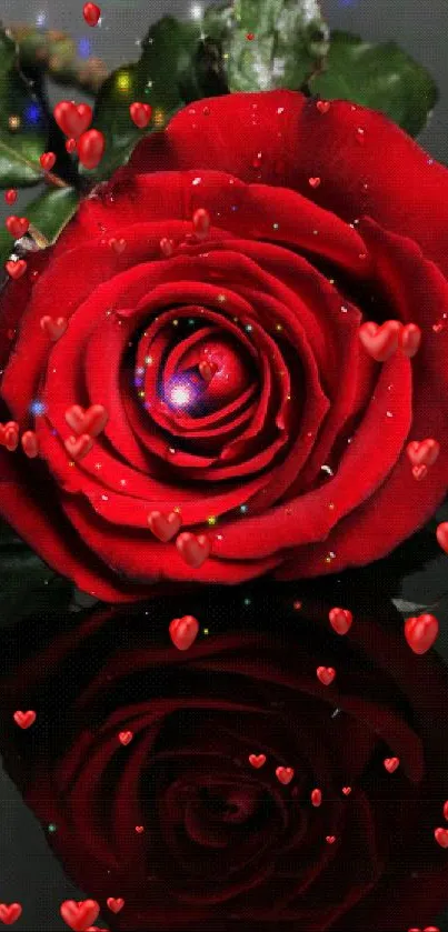 Red rose with sparkles and reflection on a dark background.