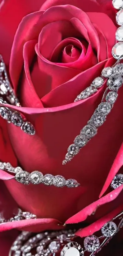 A stunning red rose adorned with sparkling crystals.