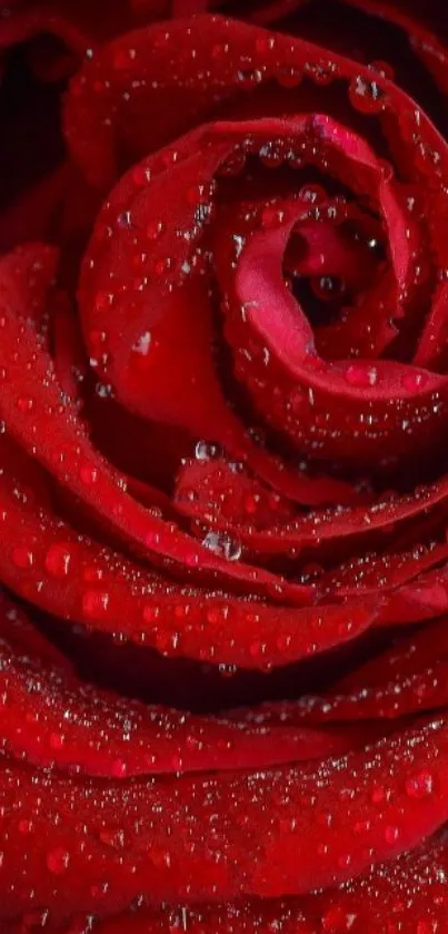 Close-up of a red rose with dewdrops on petals.