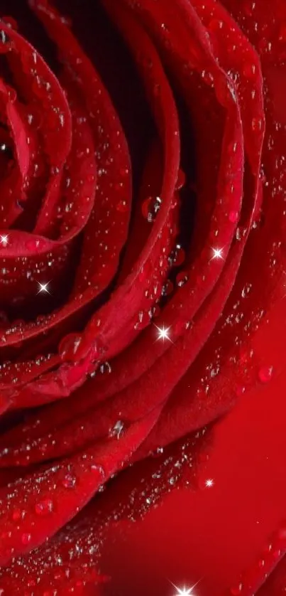 Close-up of a red rose with dewdrops and sparkles.