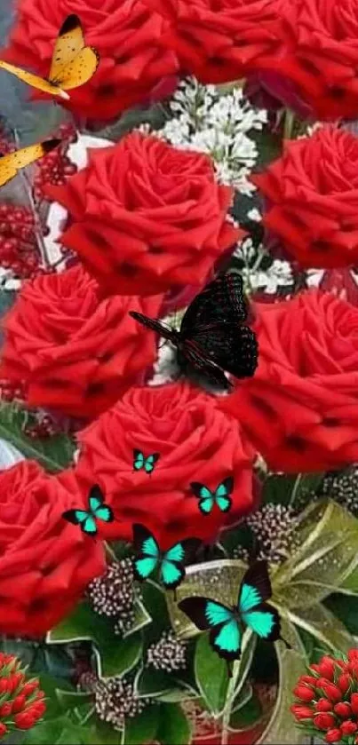 Mobile wallpaper with red roses and butterflies.