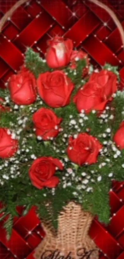 Basket of vibrant red roses with green foliage on a red woven background.