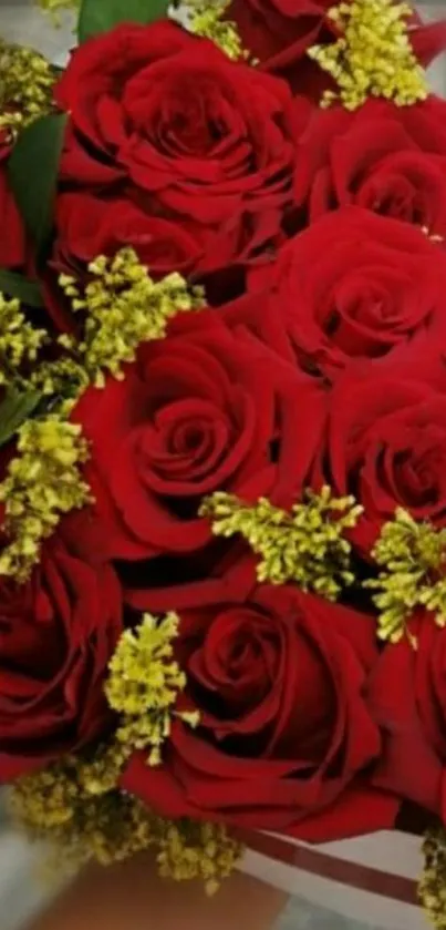 A vibrant bouquet of red roses and yellow flowers.