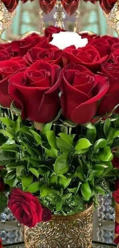 Beautiful red roses in ornate vase with mirror reflection.