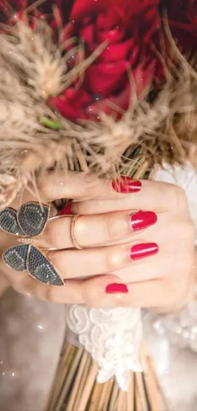 Hands with red nails holding a bouquet of roses.