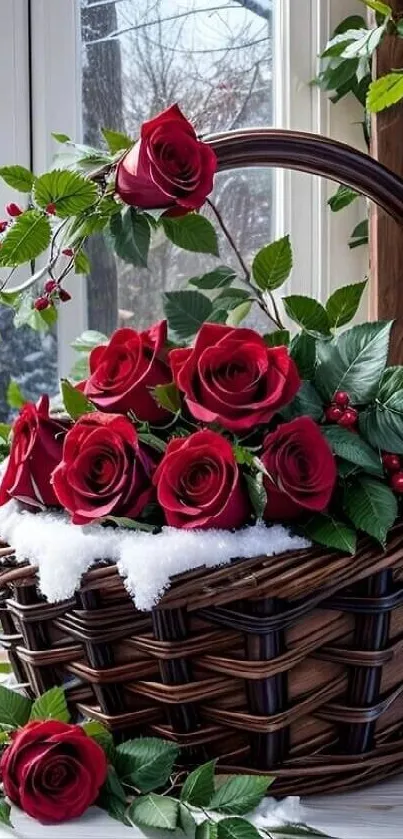 Red roses in a basket with green leaves and winter accents.