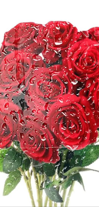 Red roses with water droplets on green stems, elegant floral wallpaper.