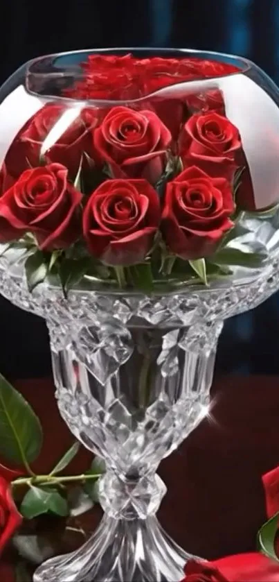Red roses beautifully arranged in a crystal vase.