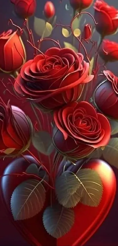 Elegant red roses in heart-shaped vase wallpaper.