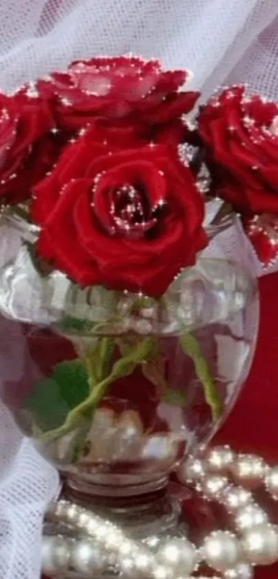 Elegant red roses in a clear vase with pearls on a white background.