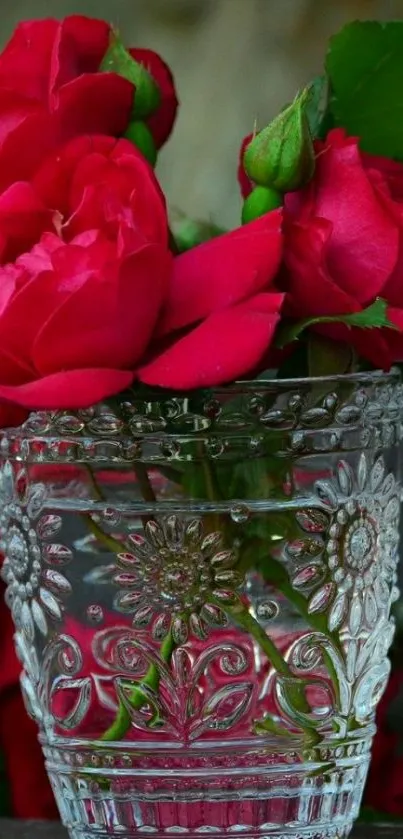 Elegant red roses in a decorative vase.