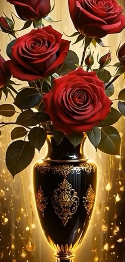 Red roses in an ornate black vase with golden accents.