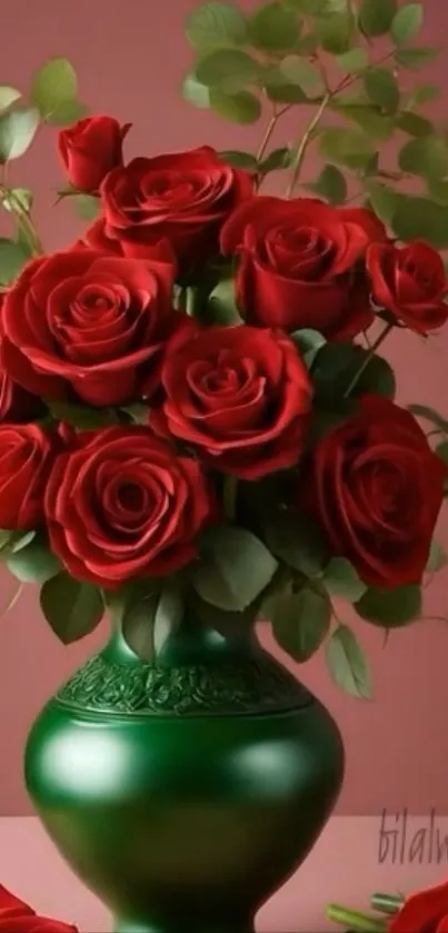 Bouquet of red roses in a green vase.