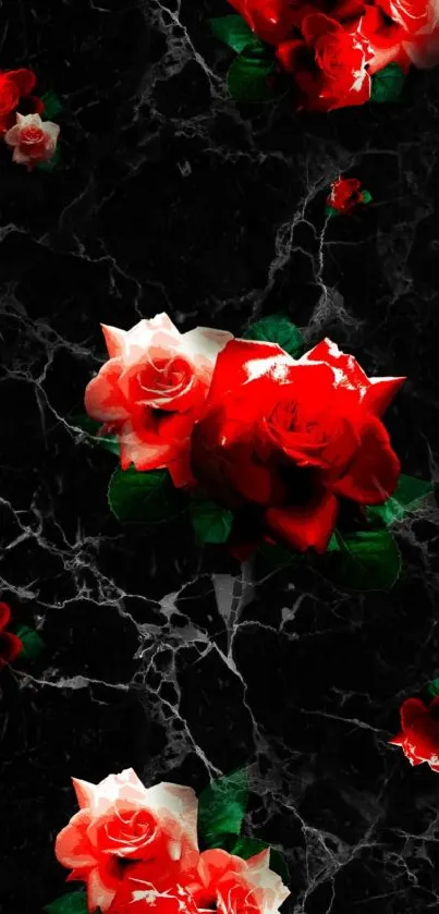 Elegant red roses on black marble wallpaper design.