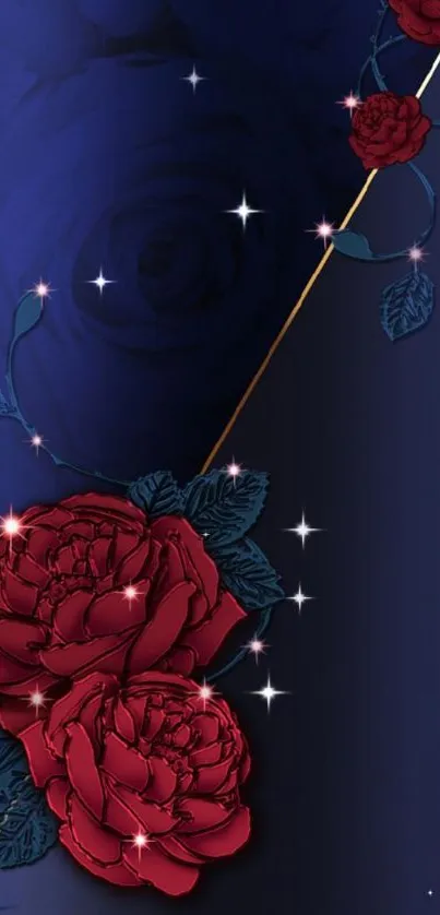 Elegant red roses on a deep navy blue background.