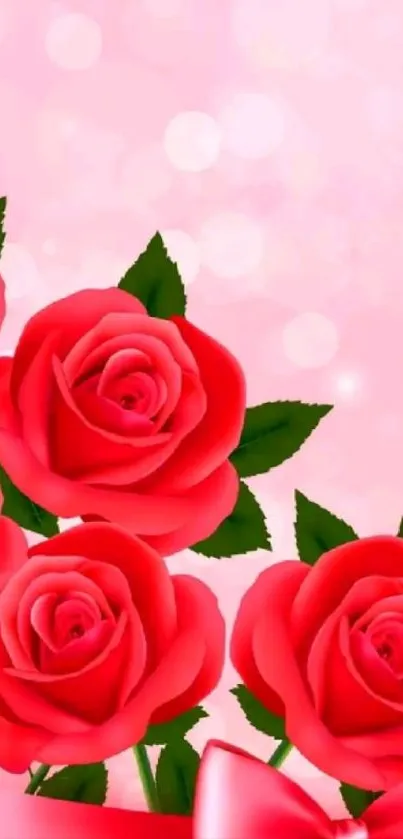 Elegant mobile wallpaper with red roses on a pink background.