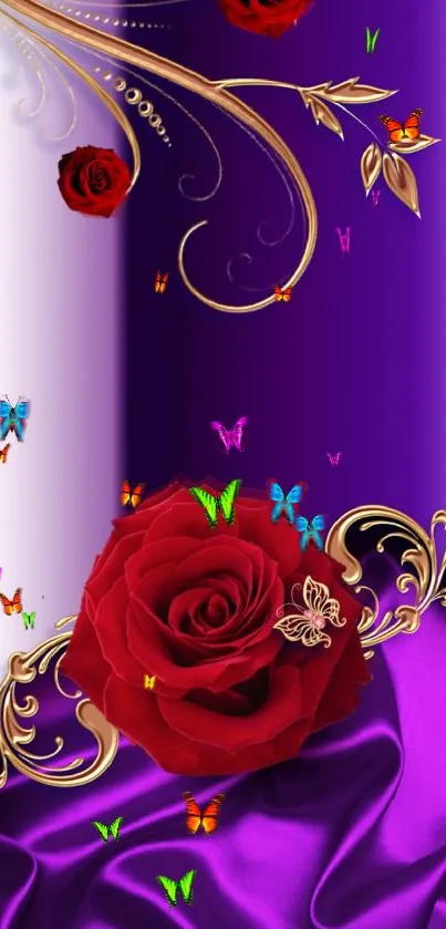 Elegant red roses on a purple silk background with gold designs.