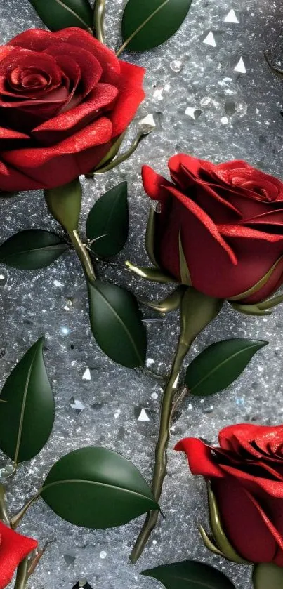 Elegant red roses on a sparkling silver background with green leaves.