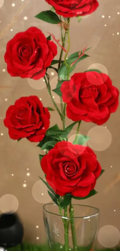 Elegant mobile wallpaper with red roses in a glass vase, perfect for floral enthusiasts.