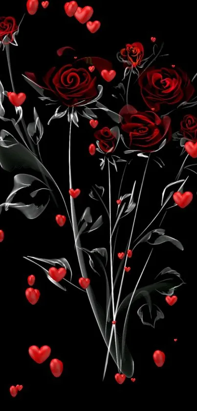 Elegant red roses and hearts on a black background for mobile wallpaper.