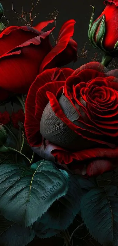 Elegant red rose wallpaper with lush green leaves.